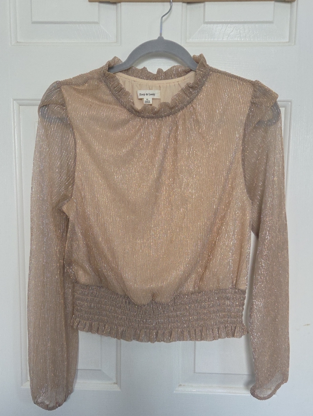 Zoey + Leelo Shimmery Tan/ Beige Ruffle-Neck Long Sleeve Top~ Size M